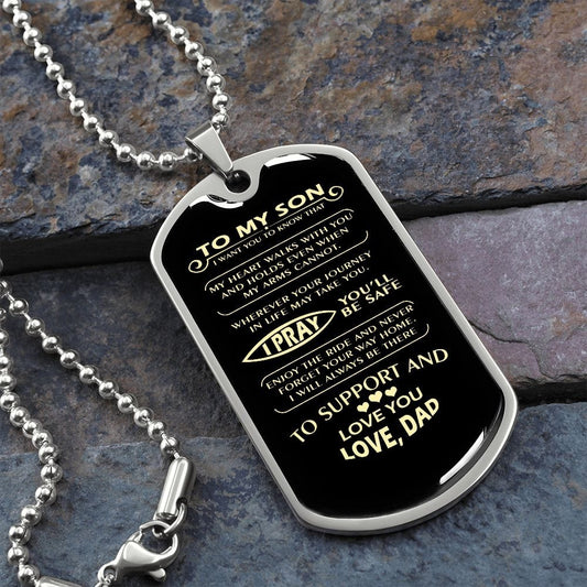 ShineOn Fulfillment Jewelry Military Chain (Silver) / No To My Son | My Heart Walks With You